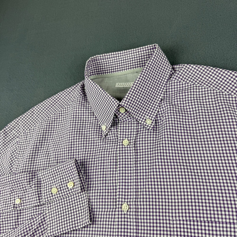 Brunello Cucinelli Shirt Mens 2XL Purple Micro Gingham OCBD Oxford Basic Italy
